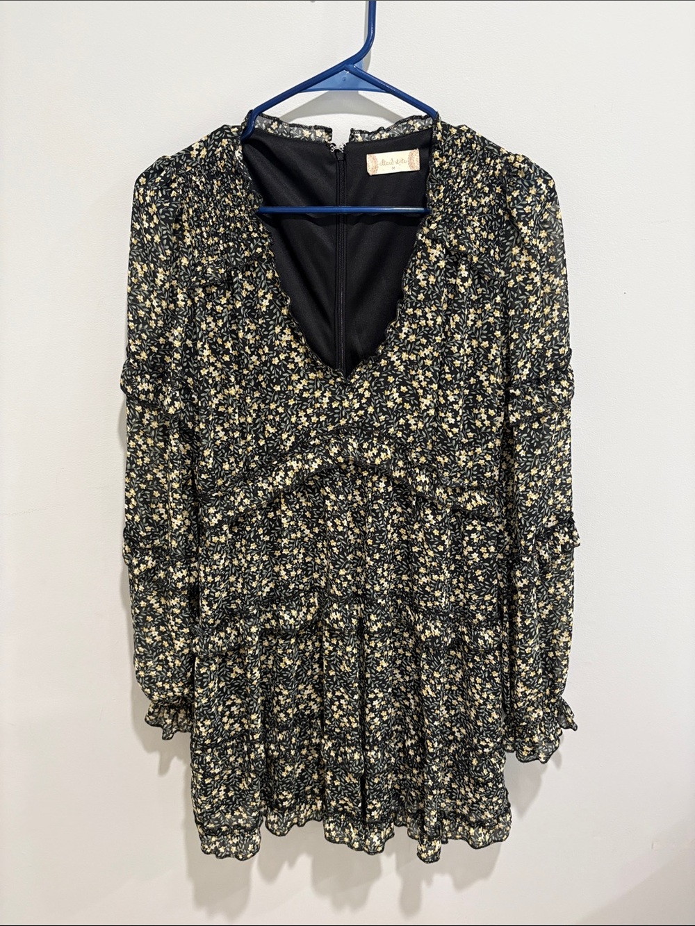 Altar'd State Black Mini Dress with Cream Floral Ditsy Print